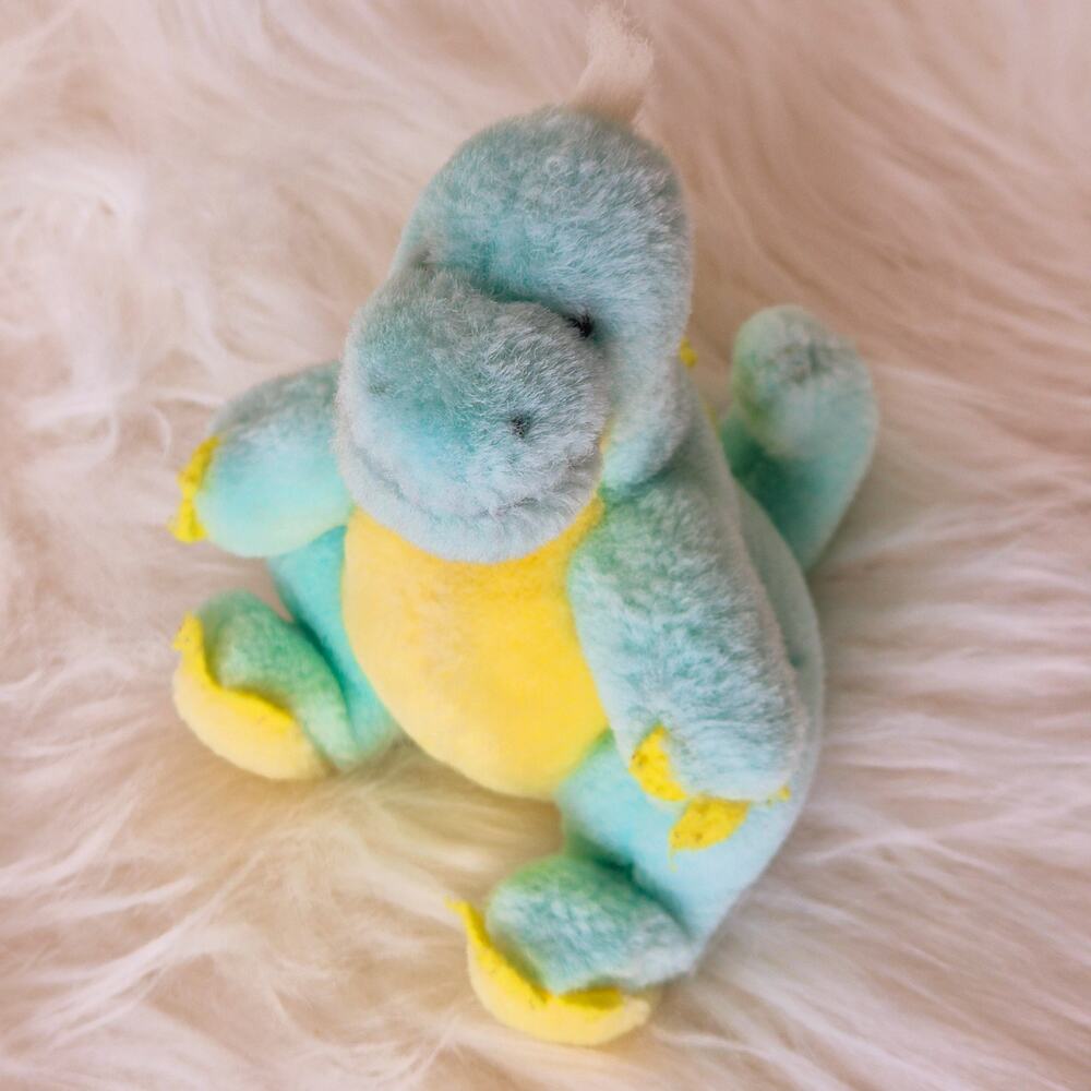 Vintage 1988 Applause Jolly Dyno Dinosaur Plush Rattle Blue Yellow 7"